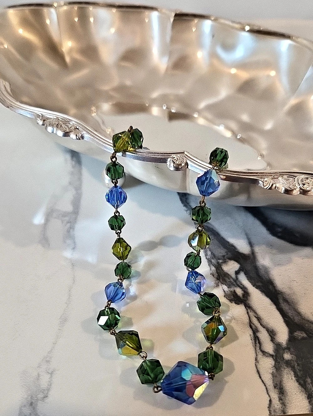 Beaded Crystal Necklace in Green & Blue
